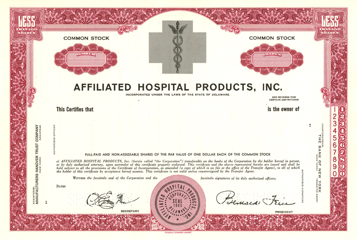 Affiliated Hospital Products, Inc - Stock Certificate